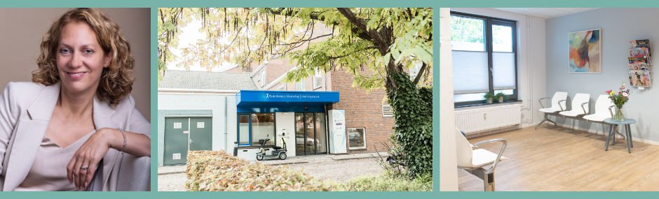 Alice Weijers, de ingang van de praktijk in Oegstgeest en de wachtkamer