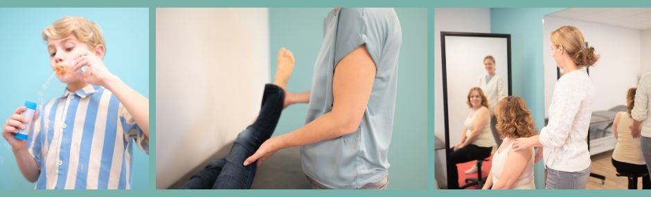 Oefentherapie Mensendieck in Oegstgeest: kind blaast bellen, een beenoefening op de behandelbank en een houdingsoefening voor de spiegel